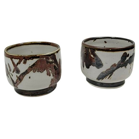 Vtg Set 2 Louis Mideke Studio Pottery Splatter Glaze Oriental Asian Inspired Cup - Picture 1 of 9